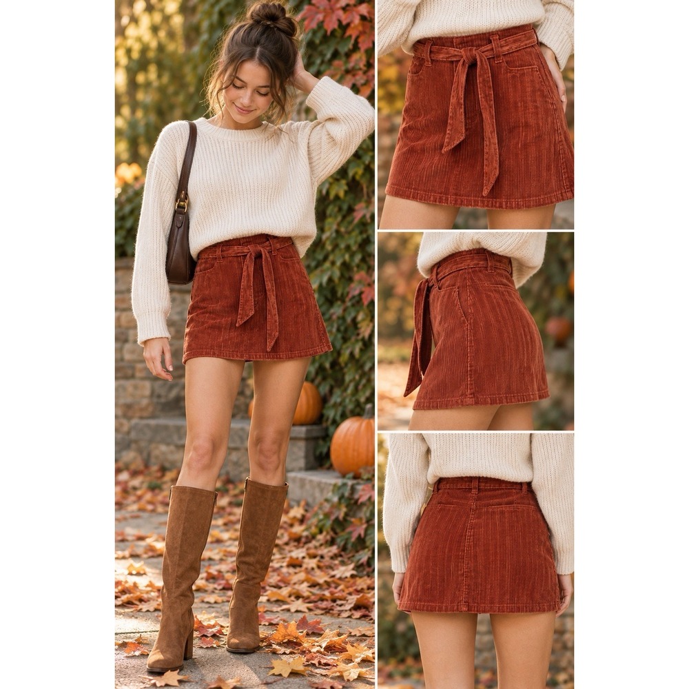 Rewash Corduroy Mini Skirt Womens 3/26 Rust Brown Tie Waist Belt 100% Cotton